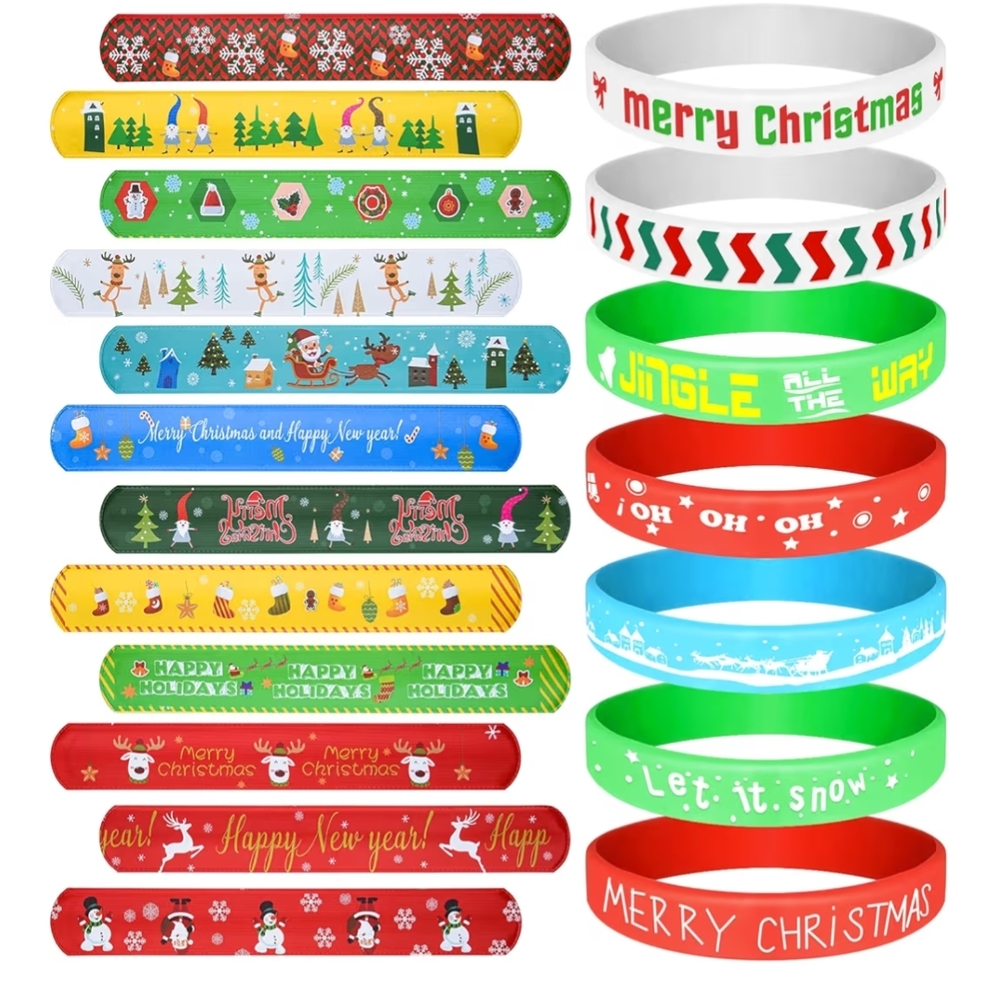 New 52 Pcs Christmas Themed Silicone Bracelets And Slap Bracelets